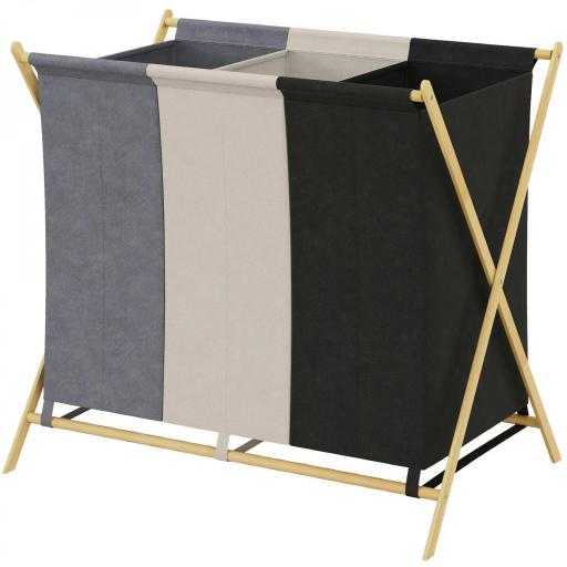 Cesto para Ropa Sucia Plegable con 3 Compartimentos Capacidad 129L con Marco de Bambú y Bolsas Extraíbles Multicolor [9]