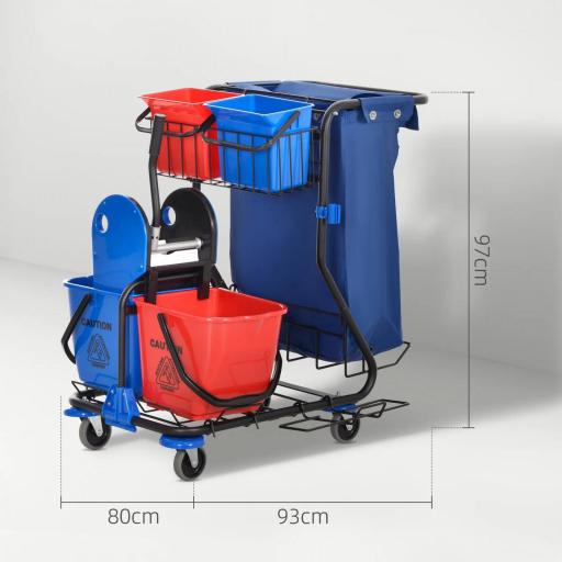 Carro de Limpieza con Bolsa Doble Cubo de 18 Litros Escurridor 2 Cubetas Auxiliares 93x80x97 cm Rojo y Azul [4]