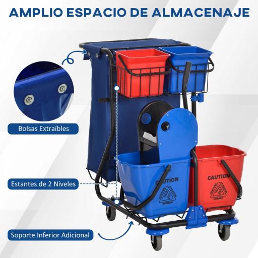 Carro de Limpieza con Bolsa Doble Cubo de 18 Litros Escurridor 2 Cubetas Auxiliares 93x80x97 cm Rojo y Azul [5]