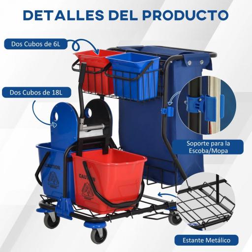 Carro de Limpieza con Bolsa Doble Cubo de 18 Litros Escurridor 2 Cubetas Auxiliares 93x80x97 cm Rojo y Azul [3]