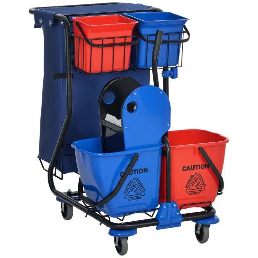 Carro de Limpieza con Bolsa Doble Cubo de 18 Litros Escurridor 2 Cubetas Auxiliares 93x80x97 cm Rojo y Azul [8]