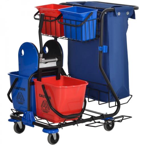 Carro de Limpieza con Bolsa Doble Cubo de 18 Litros Escurridor 2 Cubetas Auxiliares 93x80x97 cm Rojo y Azul [9]