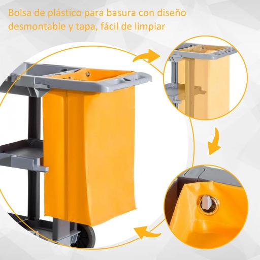 Carro de Limpieza con Bolsa 100L Profesional y Multifuncional para Colectividades Hotel Hostal con 3 Bandejas y 1 Plataforma 121x50,5x96,5 cm Gris y Amarillo [4]