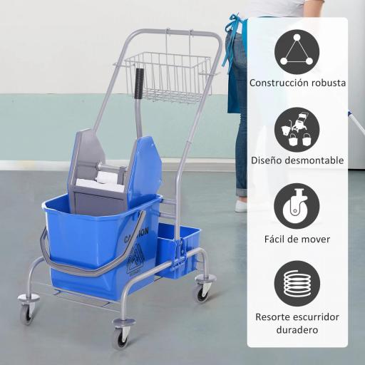 Carro de Limpieza Profesional con Cubo de Fregado Extraíble de 25 Litros y Escurridor de Prensa 72x49,5x95 cm Azul [2]