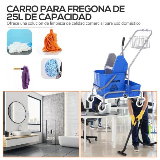 Carro de Limpieza Profesional con Cubo de Fregado Extraíble de 25 Litros y Escurridor de Prensa 72x49,5x95 cm Azul [4]