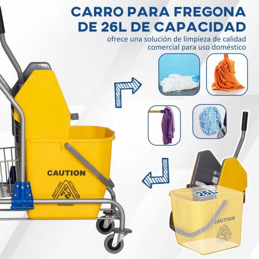 Cubo de Fregar con Ruedas Escurridor de Presión y Cestas de Almacenamiento Capacidad de 26 L 73x45x95 cm Amarillo [4]