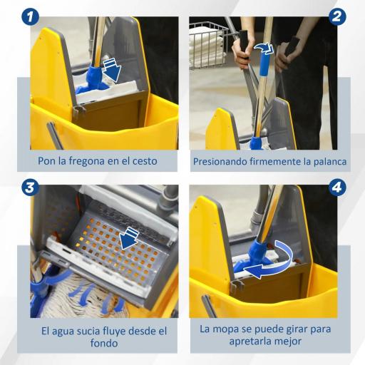 Cubo de Fregar con Ruedas Escurridor de Presión y Cestas de Almacenamiento Capacidad de 26 L 73x45x95 cm Amarillo [2]