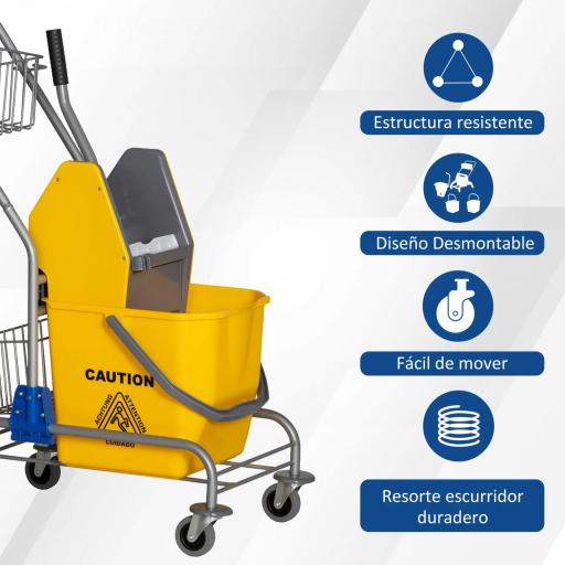 Cubo de Fregar con Ruedas Escurridor de Presión y Cestas de Almacenamiento Capacidad de 26 L 73x45x95 cm Amarillo [3]