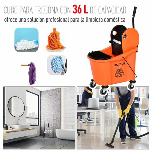 Cubo de Fregona con Ruedas 36L Carro de Limpieza con Escurridor de Presión y 2 Cubetas Separadas 54x41x91,5cm Naranja [2]
