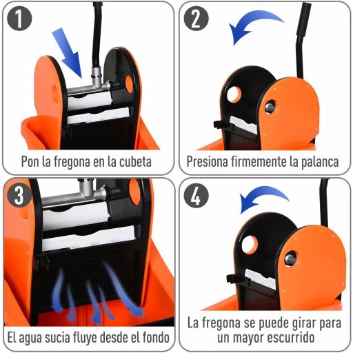 Cubo de Fregona con Ruedas 36L Carro de Limpieza con Escurridor de Presión y 2 Cubetas Separadas 54x41x91,5cm Naranja [4]