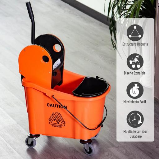 Cubo de Fregona con Ruedas 36L Carro de Limpieza con Escurridor de Presión y 2 Cubetas Separadas 54x41x91,5cm Naranja [5]