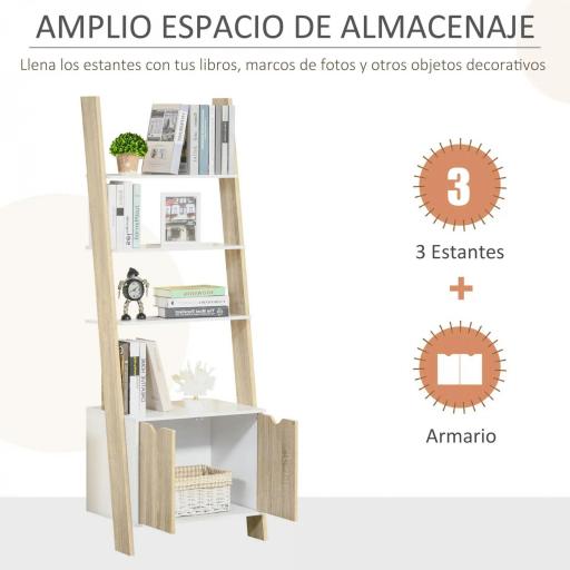 Estantería en Forma de Escalera de Madera Librería con 3 Estantes y 1 Armario de Almacenaje 60x40x171 cm Roble y Blanco [2]