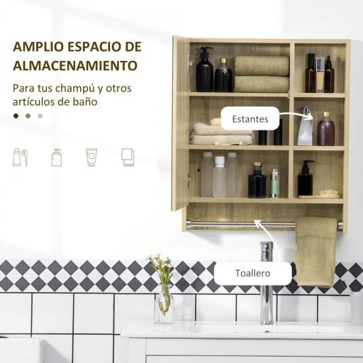 Armario de Baño de Pared con Espejo Estantes Ajustables y Toallero Diseño Compacto para Lavabo o WC 60x15x70 cm Roble [5]