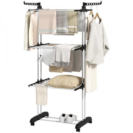 Tendedero de Ropa Plegable con Ruedas 3 Niveles con Alas Plegables y Colgadores 73x64x172 cm Negro y Blanco [10]