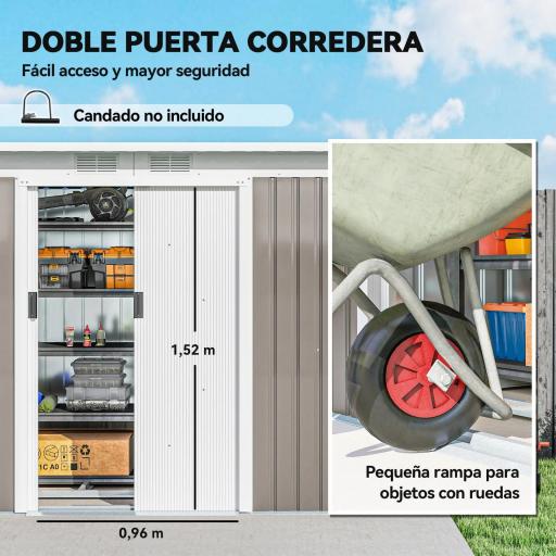 Caseta de Jardín Exterior 3,2 m² 280x130x172 cm Cobertizo de Jardín con Puertas Correderas y Ventilaciones Gris Claro [3]