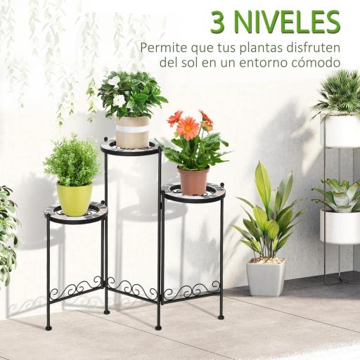Soporte para Plantas de Metal Mecetas Plegable Estantería para Flores con 3 Estantes y Bordes de Azulejo para Decoración Interiores y Exteriores 60x22x65 cm Negro [2]