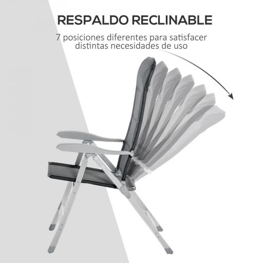 Silla de Jardín Plegable Portátil de Aluminio con Respaldo Alto Ajustable en 7 Posiciones y Reposacabezas Acolchado para Exterior Terraza Camping 75x61,5x114,5 cm Gris [2]