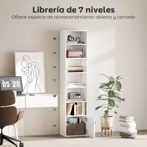 Librería de 7 Niveles Estantería para Libros Moderna con Estantes Abiertos y Puerta 40x30x180 cm Blanco [4]