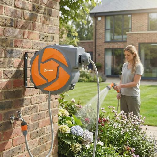 Manguera Retráctil de Pared con Carrete de 10+1 m con Retorno Enrollado Automático y Boquilla de 7 Funciones Gira 180° [7]