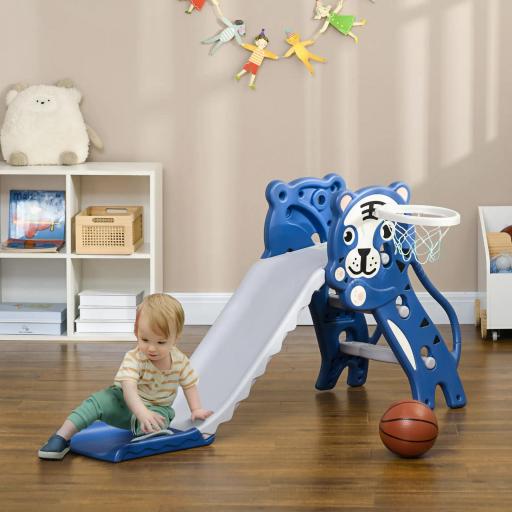 Tobogán para Niños de 18 a 36 Meses con 2 Escaleras 1 Canasta de Baloncesto y Patrón de Tigre 133x60x70 cm Azul y Gris