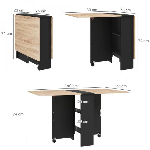 Mesa de Cocina Plegable con Ruedas 2 Estantes de Almacenaje y 2 Alas Abatibles Estilo Moderno 75x140x74 cm Natural [1]