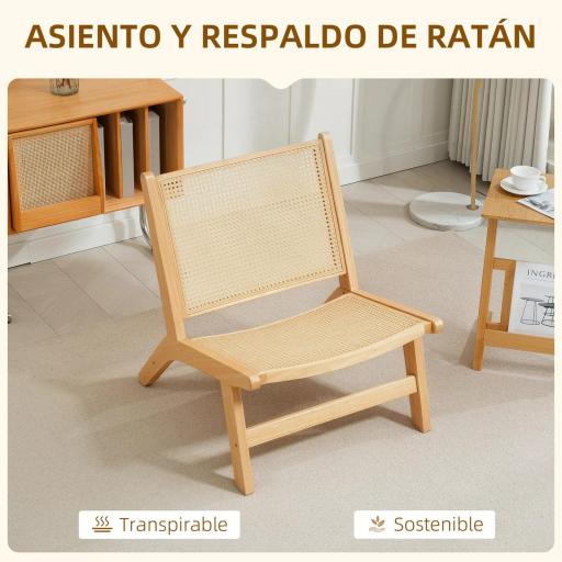 Butaca de Salón con Respaldo y Asiento Amplio de Ratán Marco de Madera para Dormitorio Sala de Estar Natural [2]