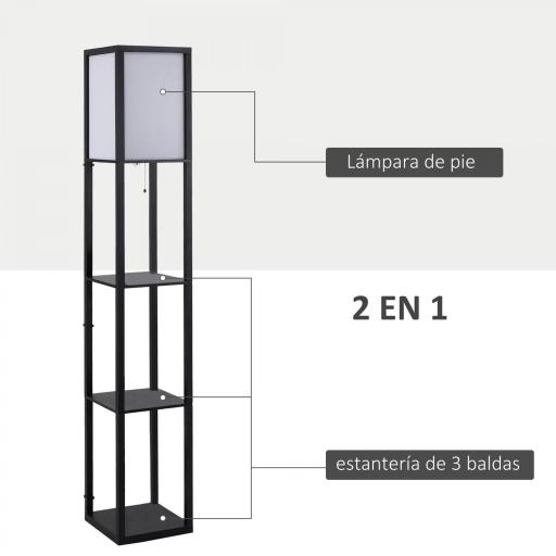 Lámpara de Pie de Madera con 3 Estantes de Almacenaje para Bombilla E27 Potencia Máx. 40W Lámpara Moderna para Salón Dormitorio 26x26x160 cm Negro y Blanco [2]