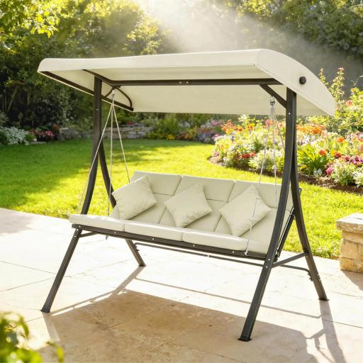 Balancín de Jardín Exterior Columpio de 3 Plazas con Toldo Ajustable y Marco de Acero 202x115x168 cm Beige [6]