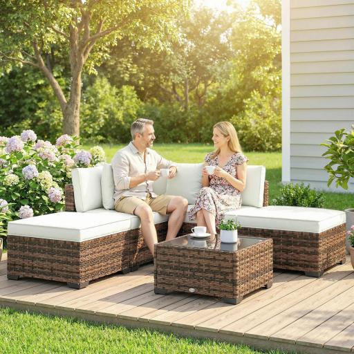 Conjunto de Jardín Exterior de Ratán de 6 Piezas con Silla Esquinero 2 Sillas sin Brazos Reposapiés y Mesa Marrón