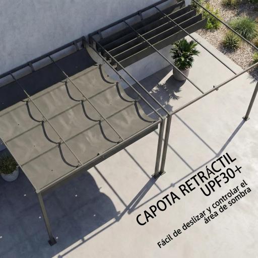 Pérgola de Pared de Jardín 3x3 m con Techo Retráctil Protección UPF30+ Drenaje Cenador de Jardín para Exterior Gris [4]