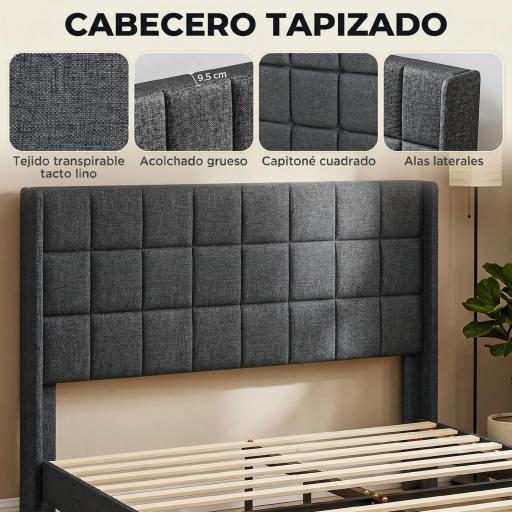 Cama 135x190 cm con Almacenaje Inferior Tapizada y Cabecero Acolchado con Orejas Gris [6]