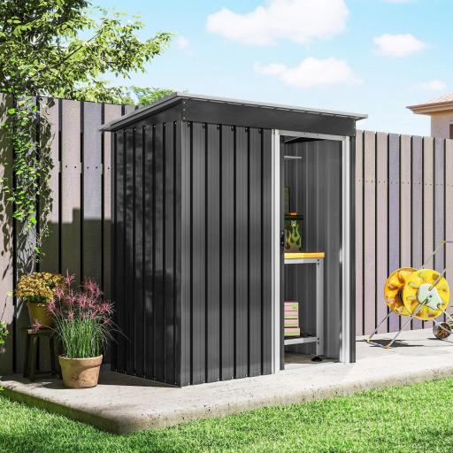 Cobertizo de Jardín Exterior 1,16 m² 163x89x182 cm Caseta Metálica con Puerta Corredera y Techo Inclinado Negro [5]