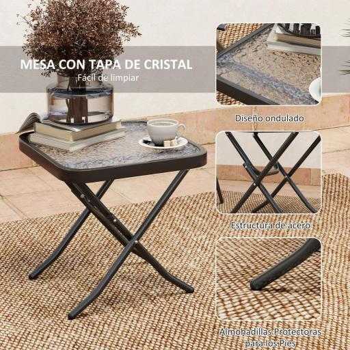 Conjunto de 3 Piezas Mesa con Encimera de Cristal y Sillas Plegables con Respaldo Regulable para Terraza Exterior Negro [7]