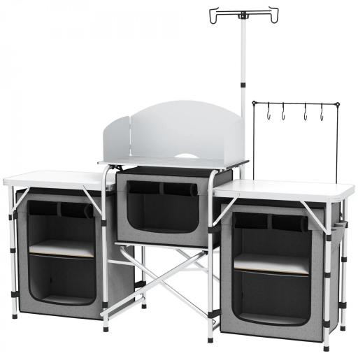 Mueble de Cocina para Camping Plegable con 3 Mesas 4 Ganchos Poste de Luz y Bolsa de Transporte 172x48x130 cm Gris [8]