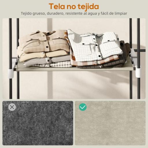 Armario de Ropa Armario Abierto con 4 Estantes de Tela 3 Barras para Colgar Marco de Metal 142x43x185 cm Crema [9]