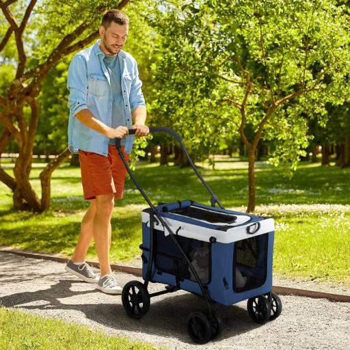 Cochecito para Perros Plegable con Vagón Desmontable 4 Puertas con Cremallera 2 Correas de Seguridad y Cojín Azul [0]