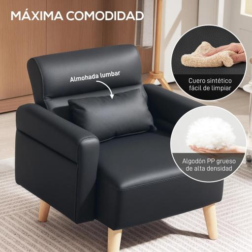 Sillón Tapizado en Cuero Sintético Respaldo con Costuras y Patas de Madera para Salón o Dormitorio 77x78x78 cm Negro [4]