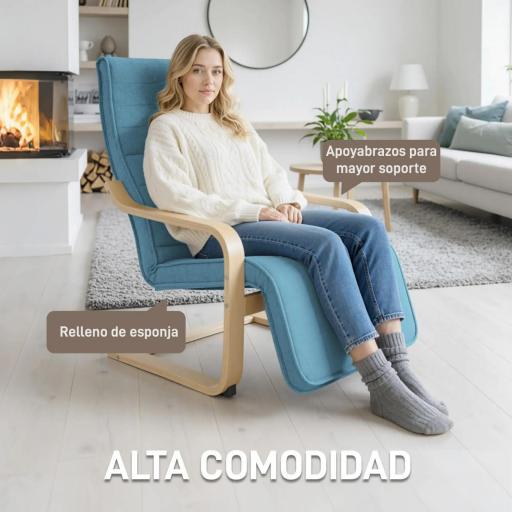 Sillón de Salón con Reposapiés Ajustable Butaca Tapizada en Lino Sintético para Oficina Dormitorio 66,5x94x100cm Azul [4]