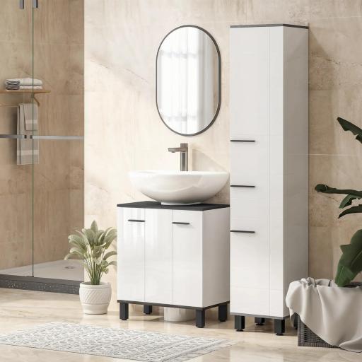 Mueble Bajo Lavabo con 2 Puertas y Estante Ajustable para Lavabo con o sin Pedestal 60x34x70 cm Blanco Brillo [4]