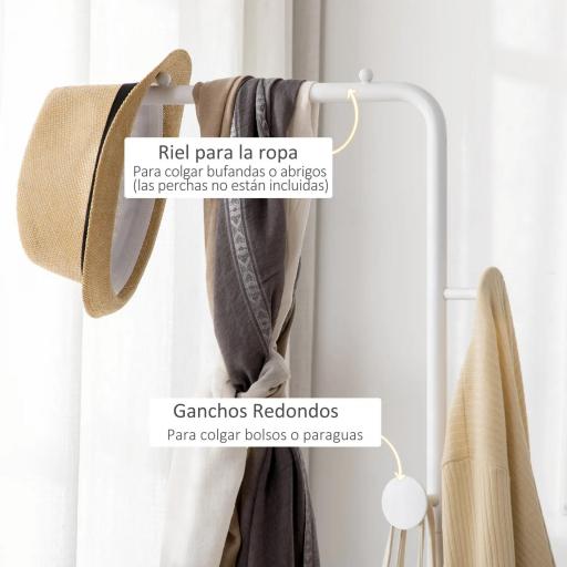 Perchero de Pie con Base de Mármol Barra y 2 Ganchos de Metal para Dormitorio Pasillo 35x25x170 cm Blanco [4]