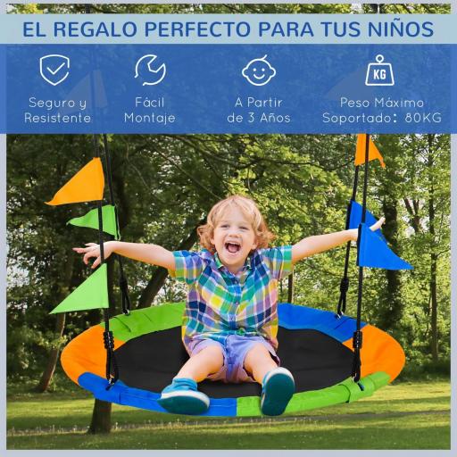 Columpio de Jardín Nido Ø100x120-180 cm Altura Ajustable con Cuerdas y Banderas para Niños y Adultos Carga 80 kg Interior y Exterior Multicolor [5]