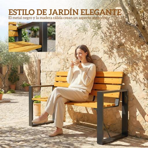 Banco de Jardín Exterior de 2 Plazas con Respaldo y Asiento Listonado de Madera Marco de Acero 136x54x82 cm Natural [6]