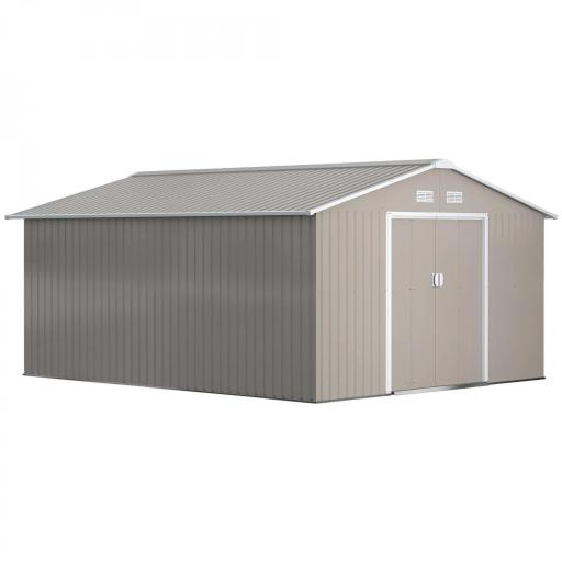 Cobertizo de Jardín 12,4 m² 340x386x200 cm con 2 Puertas Corredizas Base Refuerzo (Suelo NO Incluido) Gris Claro [8]