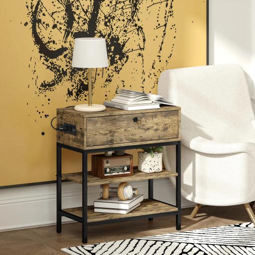 Mesa Auxiliar con Cajón y 2 Estantes con 2 Enchufes y 2 Puertos USB de Estilo Industrial 60x30x66,5 cm Marrón Rústico