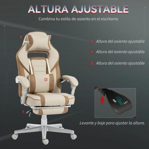 Silla Gamer Reclinable con Altura Ajustable Reposapiés Retráctil Soporte Lumbar y Reposacabezas Desmontable Crema [3]
