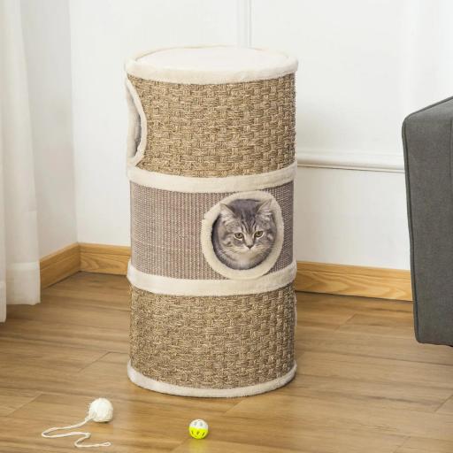 Tonel Rascador para Gatos con 3 Niveles Barril de Rascado con Plataforma Cama Cómoda Ø37,5x70 cm Marrón Claro y Beige