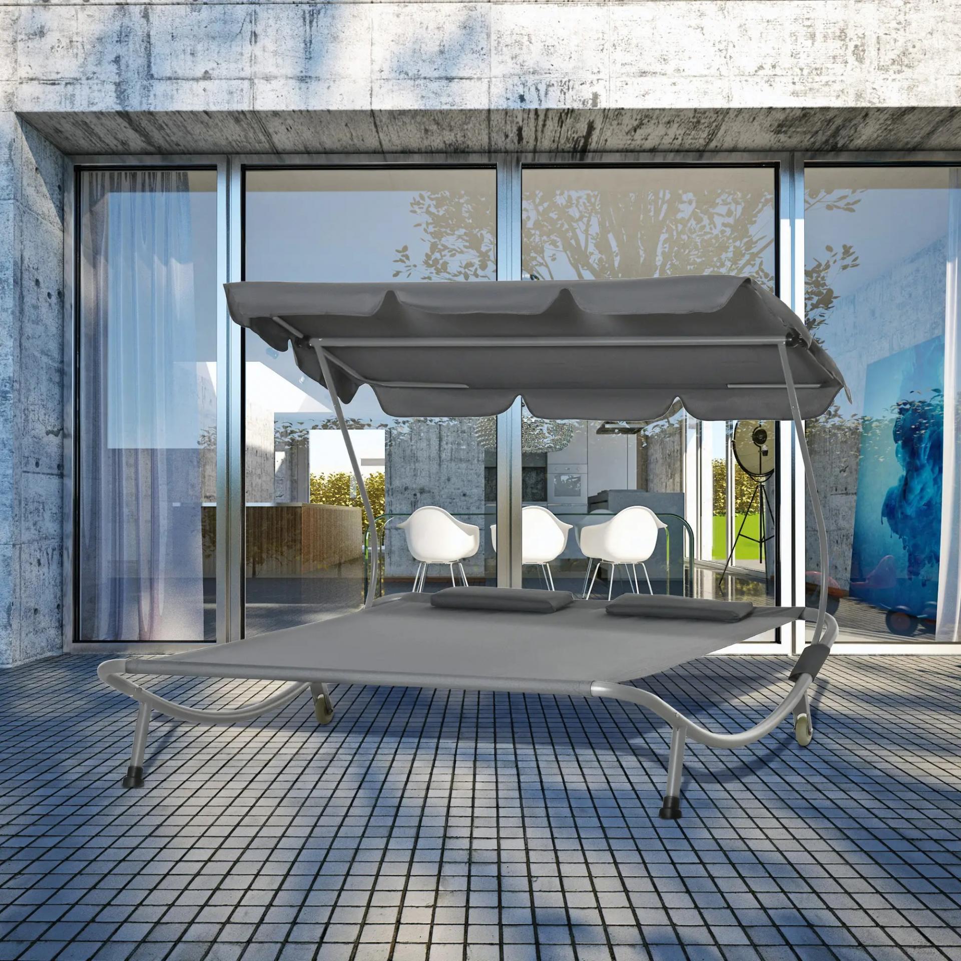 Tumbona Doble con Toldo Ajustable Tumbona de Jardín para 2 Personas con Cojines y 2 Ruedas 200x175x134 cm Gris