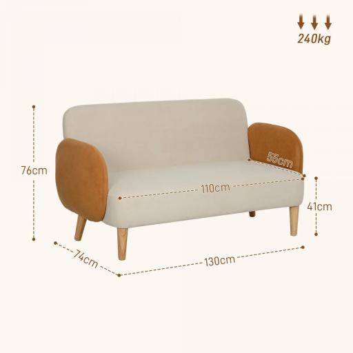 Sofá de 2 Plazas Tapizado en Terciopelo con Reposabrazos y Patas de Madera Sofá Pequeño Carga 240 kg 130x74x76 cm Crema [1]