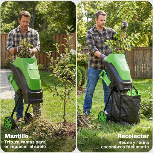 Trituradora de Ramas Eléctrica 2500W con 2 Cuchillas Reversibles hasta Ø44 mm de Ramas Bolsa 45L Ruedas Verde [3]