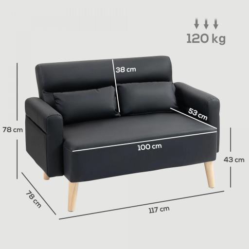 Sofá de 2 Plazas con Tapizado de Cuero Sintético Acolchado Grueso y Patas de Madera para Salón 117x78x78 cm Negro [1]